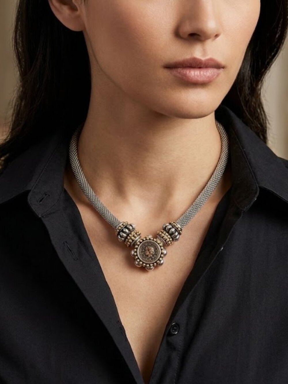 Vintage Two-Tone Mesh Coin Choker Necklace Silver Gold Statement Collar